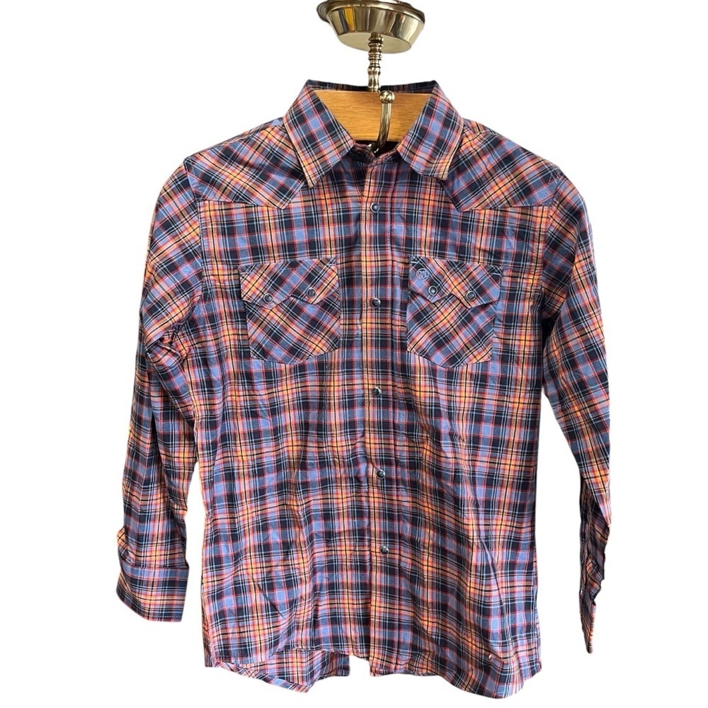 New Wrangler Retro Boys Plaid Shirt - Blue And Orange Pearl Snap Buttons